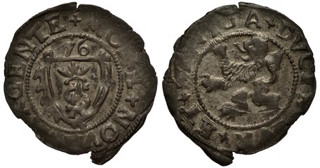Courland silver coin 1 one shilling 1576, shield with monogram in circle of beads snarling lion in...