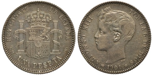 Spain Spanish silver coin 1 one peseta 1901, crowned shield with tower, lion, stripes and chains...
