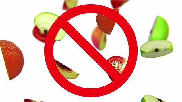 Dangerous harmful fruits in prohibition sign, 3d animation on white background.