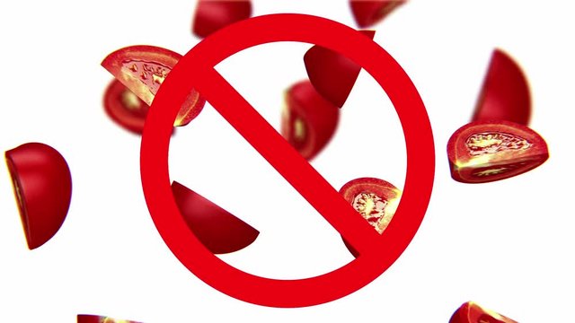 Dangerous harmful tomatoes in prohibition sign, 3d animation on white background.