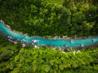 River Soca cutting trough forest, Slovenia. Drone photo