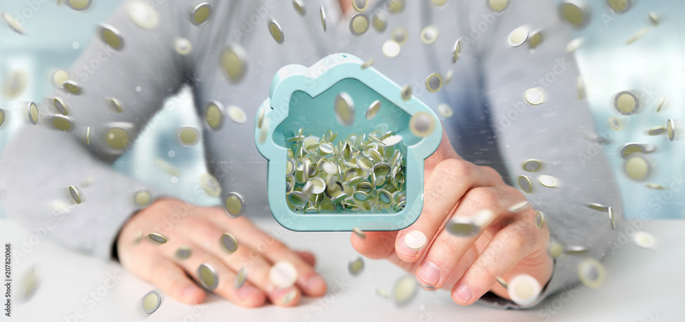 Poster man holding a house moneybox with coin surrounding all over 3d rendering