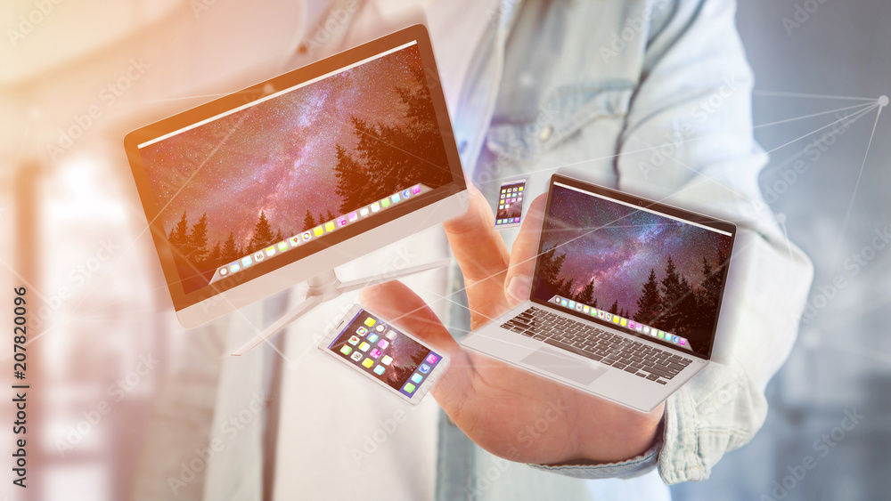 Aufkleber devices like smartphone, tablet or computer flying over connection network - 3d render