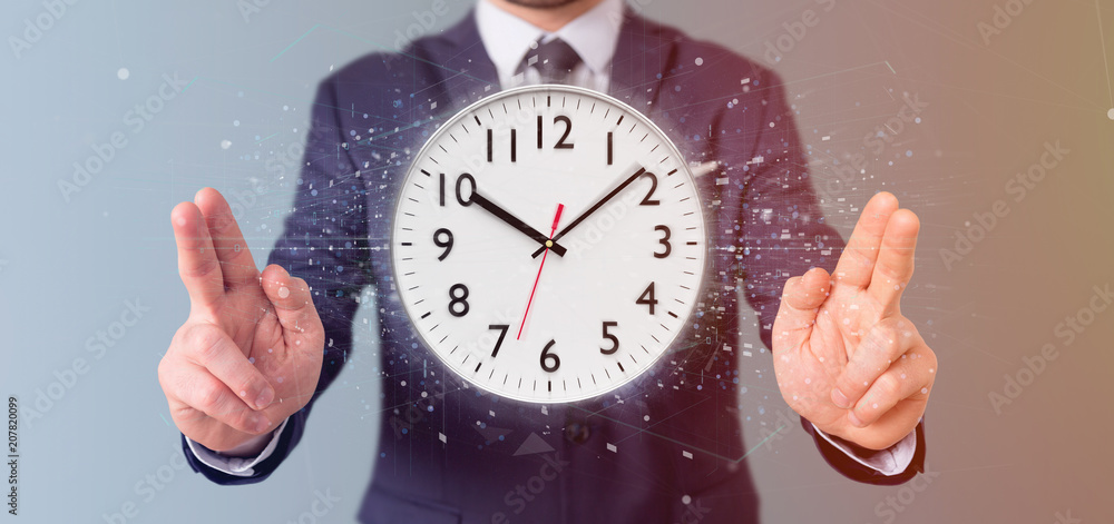 Poster man holding a clock timer 3d rendering