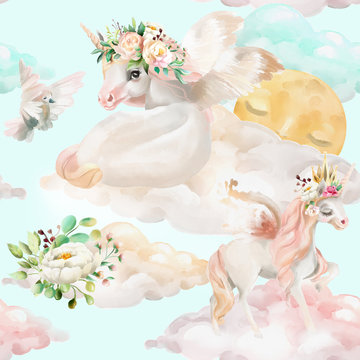 Beautiful, watercolor unicorns princess, pegasus in gold crown and floral, flowers bouquets, pigeon and clouds with moon seamless pattern