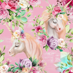 Beautiful watercolor unicorns princess, pegasus with violet and cream peony, pink roses, magic crystals and floral, flowers bouquets on pink background with glitter seamless pattern