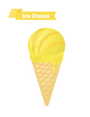 Vector yellow ice cream in cone, lemon taste. Cartoon flat style