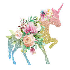 Beautiful, colofrul unicorn, magic horse, pegasus silhouette, rainbow color with shiny golden glitter and watercolor floral, flowers bouquet © creationsofanna