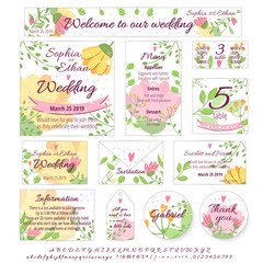 Wedding design vector concept set with Invitation, menu, Rsvp, cute card, envelope, cover, poster. Floral design concept collection with flower, leaves, romantic trendy greenery tender forest bouquet