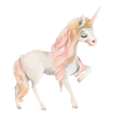 Beautiful, cute, watercolor unicorn head, portrait isolated on white - 207820626