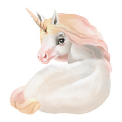 Beautiful, cute, watercolor unicorn head, portrait isolated on white