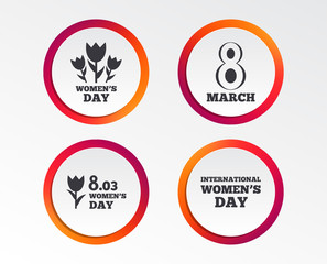 8 March Women's Day icons. Tulips or rose flowers bouquet sign symbols. Infographic design buttons. Circle templates. Vector