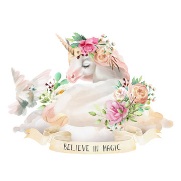 Beautiful, cute, watercolor dreaming unicorn on the cloud with flowers, floral bouquet, pigeon and ribbon with quote isolated on white