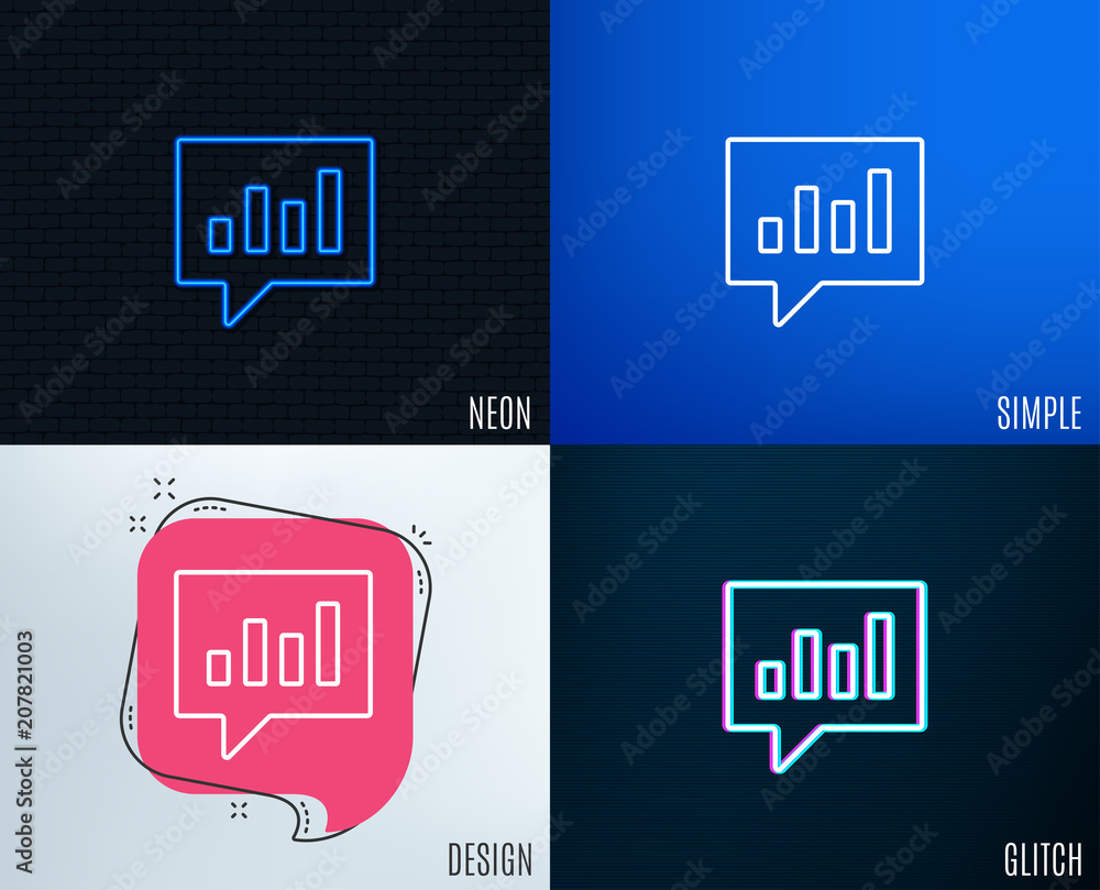 Poster glitch, neon effect. chart line icon. report graph or sales growth sign in speech bubble. analysis a
