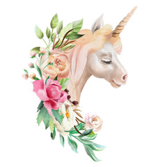Fototapety  Beautiful, cute, watercolor unicorn head with flowers, floral crown, bouquet isolated on white