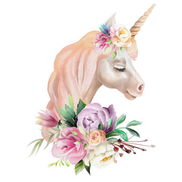 Beautiful, cute, watercolor unicorn head with flowers, floral crown, bouquet isolated on white