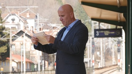 Businessman Read Newspaper Waiting a Train in Railway Station