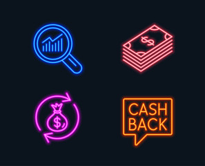 Neon lights. Set of Dollar, Money exchange and Data analysis icons. Money transfer sign. Usd currency, Cash in bag, Magnifying glass. Cashback message.  Glowing graphic designs. Vector