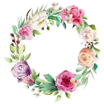 Beautiful watercolor floral bouquet, whimsical flowers wreath, circle frame. Pink rose, violet and cream peony. Fantasy wedding arrangement isolated on white