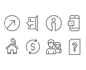 Set of Direction, Smartphone message and Couple icons. Dollar exchange, Sign out and Unknown file signs. Navigation pointer, Cellphone chat, Male and female. Vector