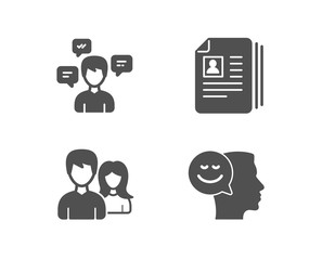 Set of Conversation messages, Cv documents and Couple icons. Good mood sign. Communication, Portfolio files, Male and female. Positive thinking.  Quality design elements. Classic style. Vector