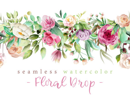 Beautiful watercolor flowers - violet roses, creaem peony and floral greenery branches and leaves seamless tileable drop