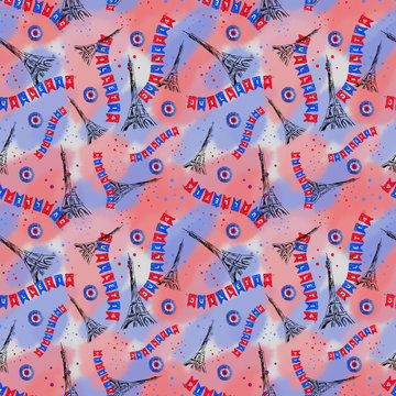 Bastille Day Celebration Seamless Pattern. Patriotic Tricolor Pattern with Eiffel Tower, Street Decorations, and Stars.