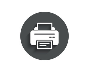 Printer icon. Printout Electronic Device sign. Office equipment symbol. Circle flat button with shadow. Vector