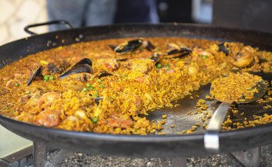 Large pan of paella