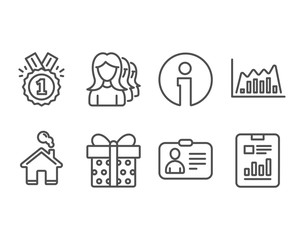 Set of Id card, Infographic graph and Gift box icons. Women headhunting, Approved and Report document signs. Human document, Line diagram, Present package. Vector