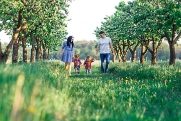 Happy young family spending time together outside in green nature. Parents playing with twins outside. Family of four walkng in the apple tree garden at the sunset hugging and having fun