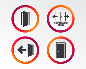 Automatic door icon. Emergency exit with arrow symbols. Fire exit signs. Infographic design buttons. Circle templates. Vector