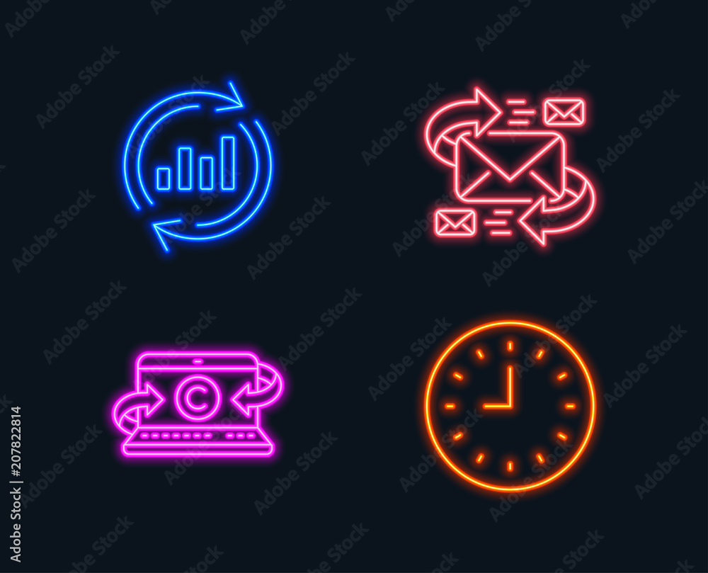 Poster neon lights. set of e-mail, copywriting notebook and update data icons. clock sign. communication by