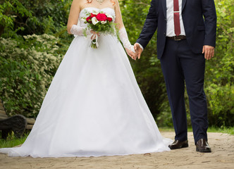 Naklejka na ściany i meble The bride and groom are walking in the park