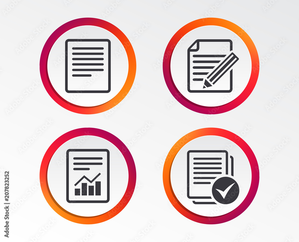 Poster file document icons. document with chart or graph symbol. edit content with pencil sign. select file