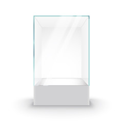 Empty Glass Showcase on pedestal. Museum glass box isolated advertising or business design boutique