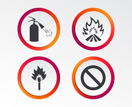 Fire flame icons. Fire extinguisher sign. Prohibition stop symbol. Burning matchstick. Infographic design buttons. Circle templates. Vector