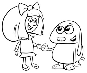 little girl with funny dog cartoon coloring book