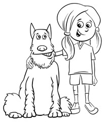kid girl with dog cartoon coloring book