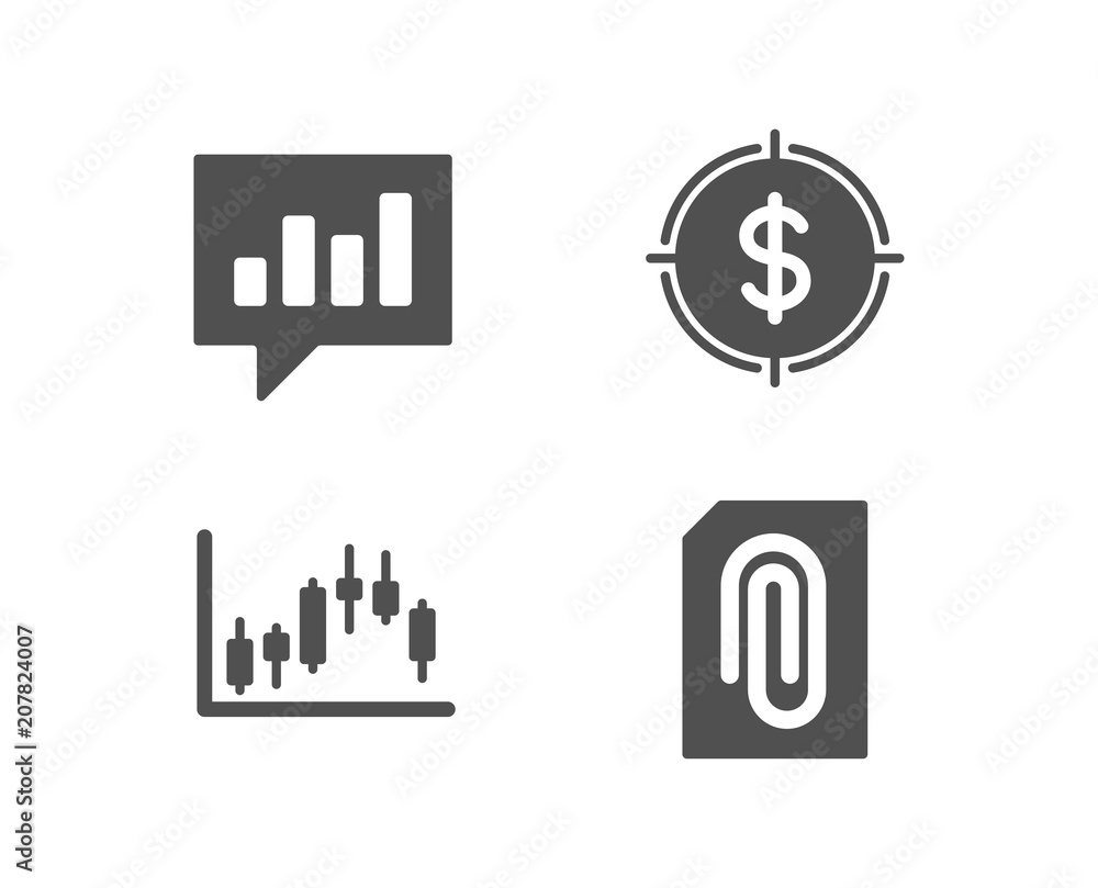 Poster set of dollar target, analytical chat and candlestick graph icons. attachment sign. aim with usd, co