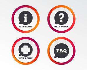 Help point icons. Question and information symbols. FAQ speech bubble signs. Infographic design buttons. Circle templates. Vector