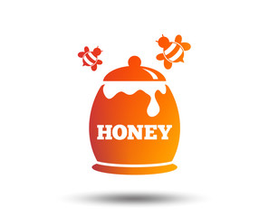 Honey in pot with flying bees sign icon. Sweet natural food symbol. Blurred gradient design element. Vivid graphic flat icon. Vector