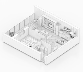 Line drawing floor plan on a white background, Mock up of furnished home apartment