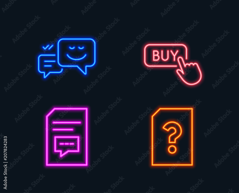Poster neon lights. set of buy button, happy emotion and comments icons. unknown file sign. online shopping