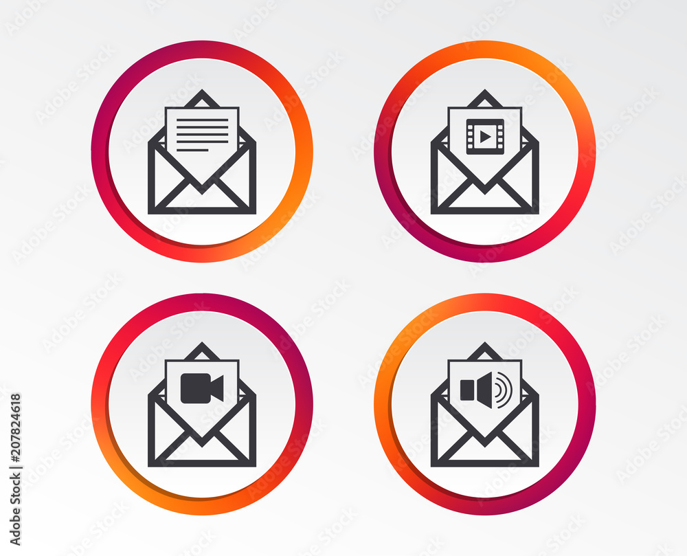 Poster mail envelope icons. message document symbols. video and audio voice message signs. infographic desi