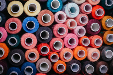 Thread reels. Many colorful threads in the box. Texture of sewing accessories. sewing Studio