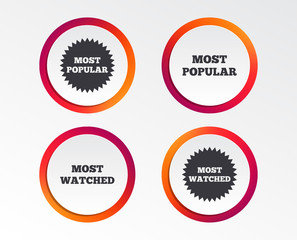 Most popular star icon. Most watched symbols. Clients or users choice signs. Infographic design buttons. Circle templates. Vector © blankstock