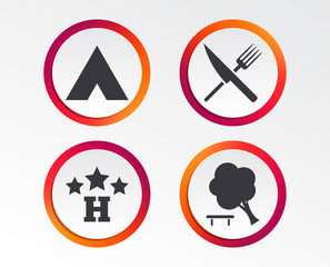 Food, hotel, camping tent and tree icons. Knife and fork. Break down tree. Road signs. Infographic design buttons. Circle templates. Vector