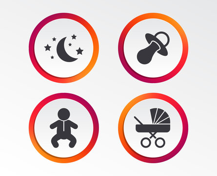 Moon and stars symbol. Baby infants icon. Buggy and dummy signs. Child pacifier and pram stroller. Infographic design buttons. Circle templates. Vector