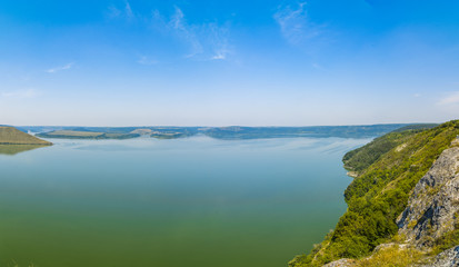 Panoramic view of the fjords and the bay of Bakota from a height. Bakota, Ukraine.
